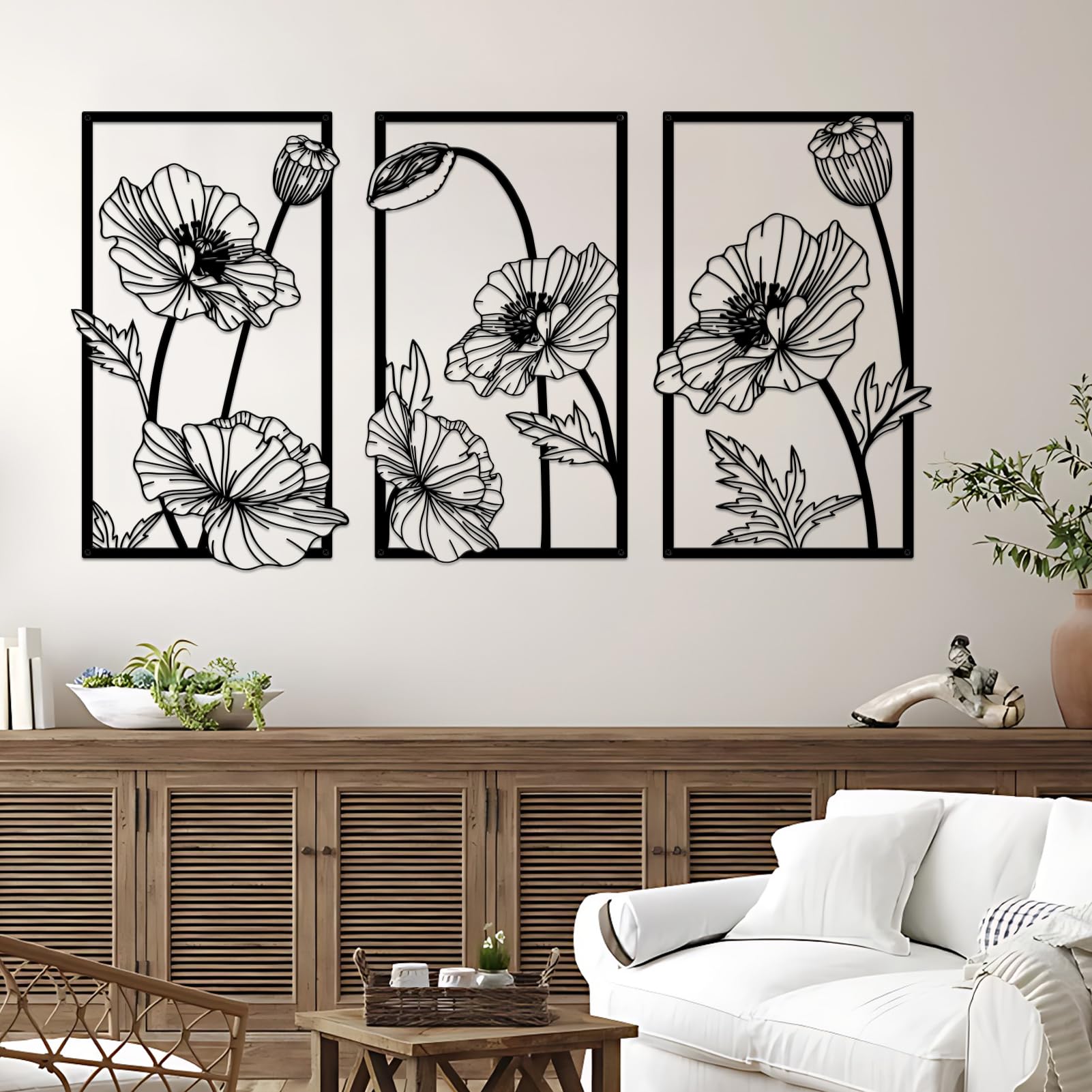 Resama 3 Pcs Black Metal Flowers Wall Decor, Minimalist Abstract Wall Art Modern Floral Line Wall Sculpture Hanging for Bedroom Bathroom Kitchen