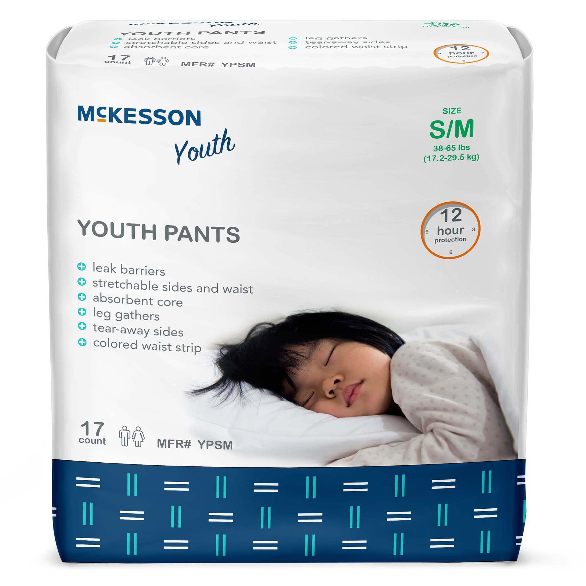 McKesson Youth Training Pants, [17 Count], Overnight Disposable Pull Up Diapers, Small/Medium, 38-65 lbs, Absorbent 12 Hour Leak Protection with Leg Gathers and Tear-Away Sides, for Boys or Girls