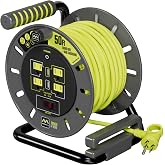 Masterplug 50ft Cord Reel, Retractable Extension Lead with Winding Handle, Safety Overload Circuit Breaker and Power Switch, 4X Grounded Outlets, 2X USB Ports, 13amps, 14AWG Cable