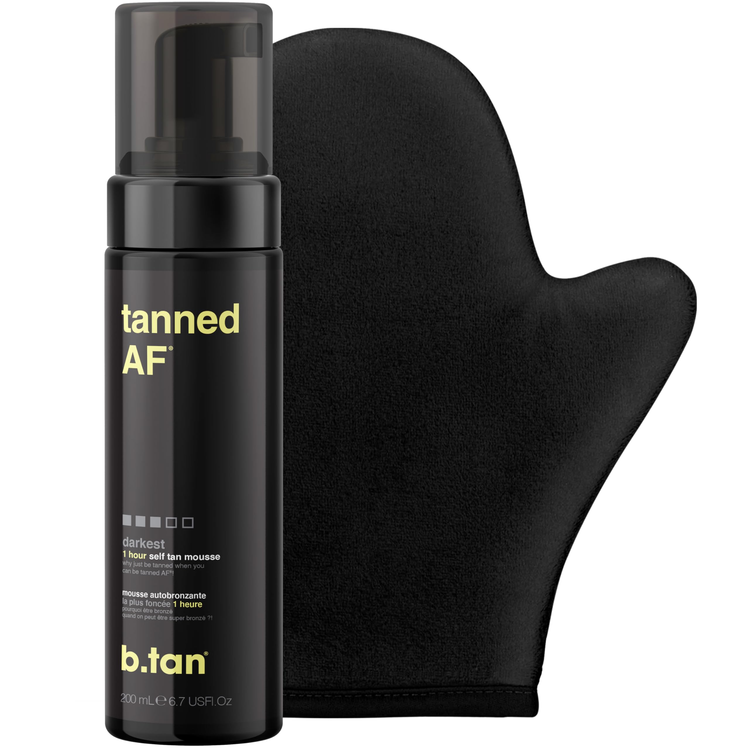 b.tan Dark Self Tanning Gift Set | Get Tanned Kit - Best Express Fake Tan w/Mitt Applicator Glove, 1 Hour Face & Body Tanner Mousse, Instant Results, Vegan, Cruelty Free, 200ml