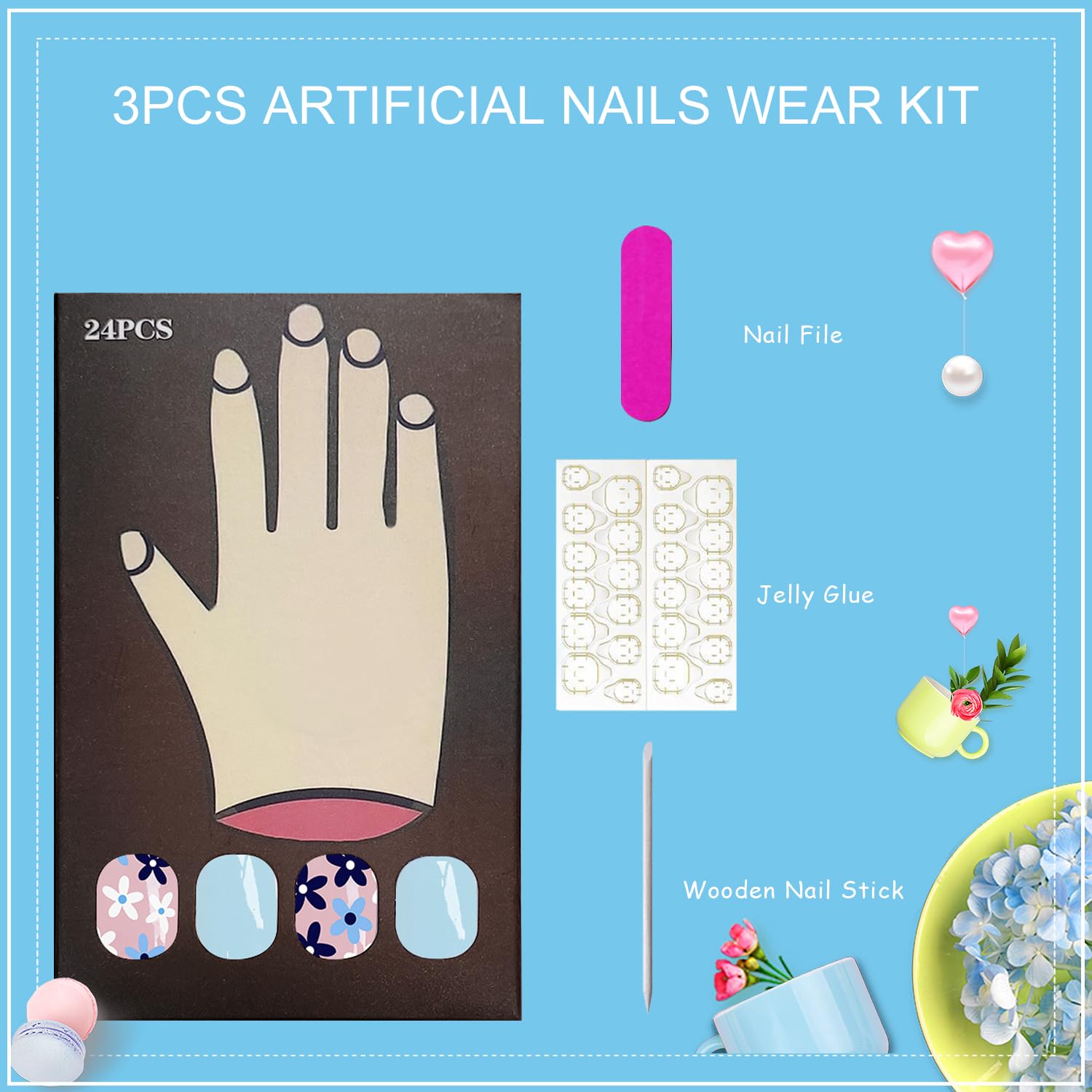 Tyuimhx Blue Flowers Press on Nails Square Short Fake Nails Light Blue False Nails Glossy Full Cover Stick on Nails Acrylic Spring Floral Artificial Nails for Women Girls Glue on Nails 24Pcs - Image 6