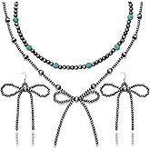 Aswitnove Western Jewelry Navajo Pearl Necklace and Bow Dangling Earrings Set for Women Handmade Beaded Vintage Bohemian Choker Turquoise Navajo Pearls Jewelry for Cowgirl Country Concert Gifts
