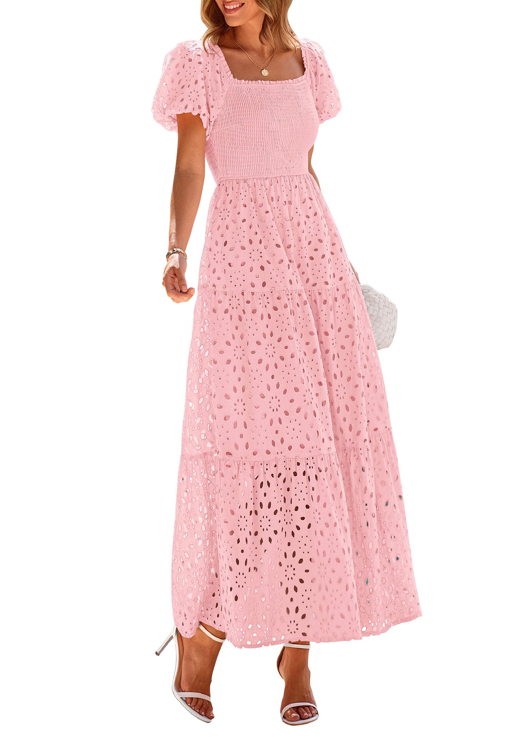 Photo 1 of *size large* PRETTYGARDEN Summer Dresses for Women 2025 Eyelet Square Neck Puff Sleeve Smocked Wedding Guest Maxi Dress with Pockets (Pink,Large)