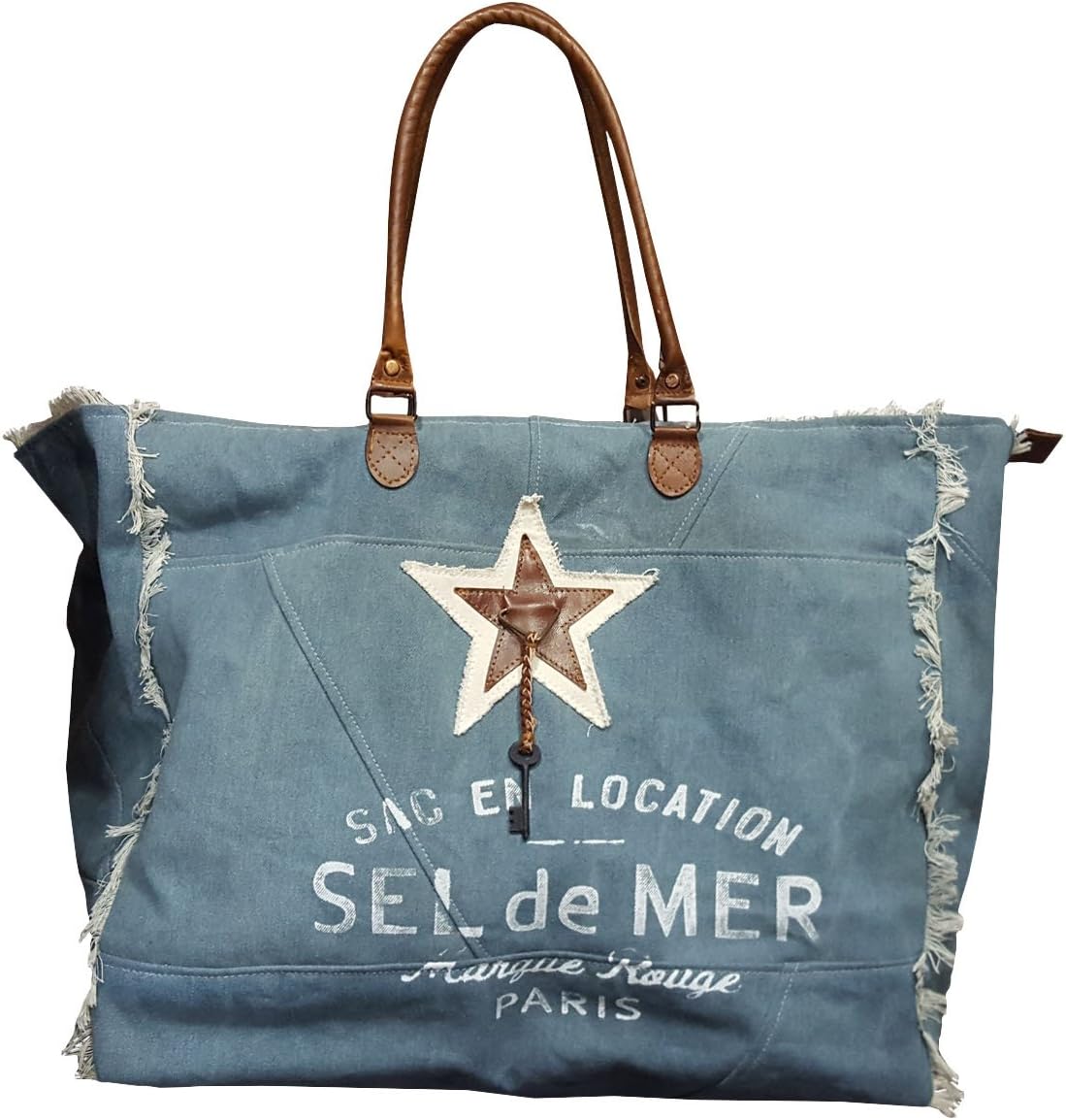 Denim Canvas bag with Leather Handles, Star and "Sel de Mer