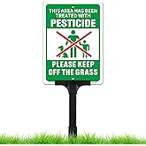 This Area Has Been Treated with Pesticide, Please Keep Off the Grass Sign with Adjustable Height Stake Set, 10x7 Inch/42 Inch High-50-mil Thick Aluminum, Pesticide Sign for Lawn, Plug and Play Ready