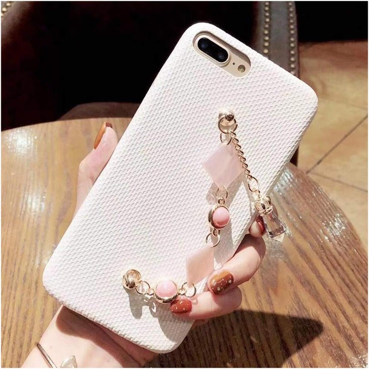 Pink White Fabric Phone Cases with Metallic Marble Chain Wri Rap Phone Covers for 6s 7 8 Plus X Cases,White,for 7