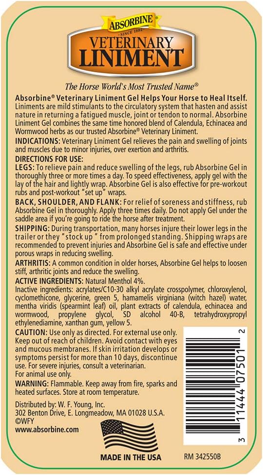 Absorbine Veterinary Liniment Topical Analgesic Sore Muscle and Arthritis Pain Relief Warming Liniment Rub, 12 Ounce Gel : Horse Liniments : Pet Supplies