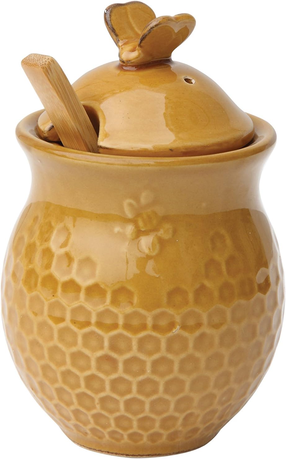 Creative Co-Op Small 3 Piece Yellow with Decorative Bees Stoneware Honey Jar with Lid & Wood Honey Dipper