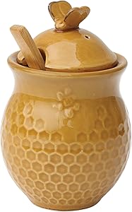Creative Co-Op Small 3 Piece Yellow with Decorative Bees Stoneware Honey Jar with Lid & Wood Honey Dipper