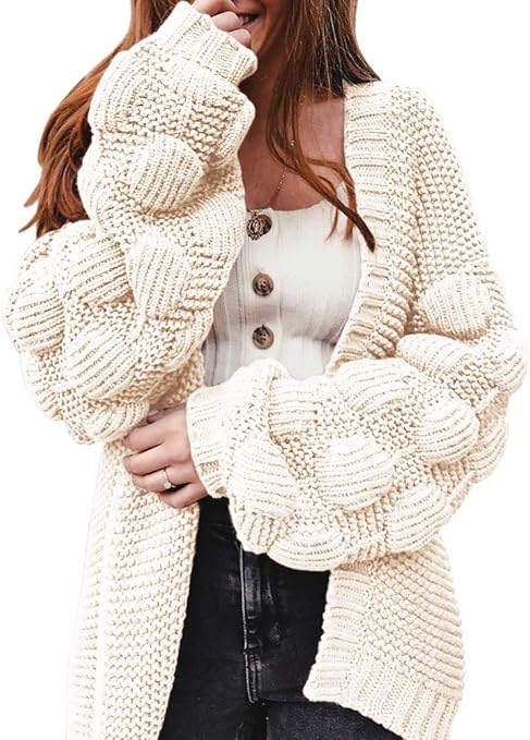 Yacooh Womens Oversized Chunky Knit Cardigan Sweaters Open Front Pom Pom Long Balloon Sleeve 