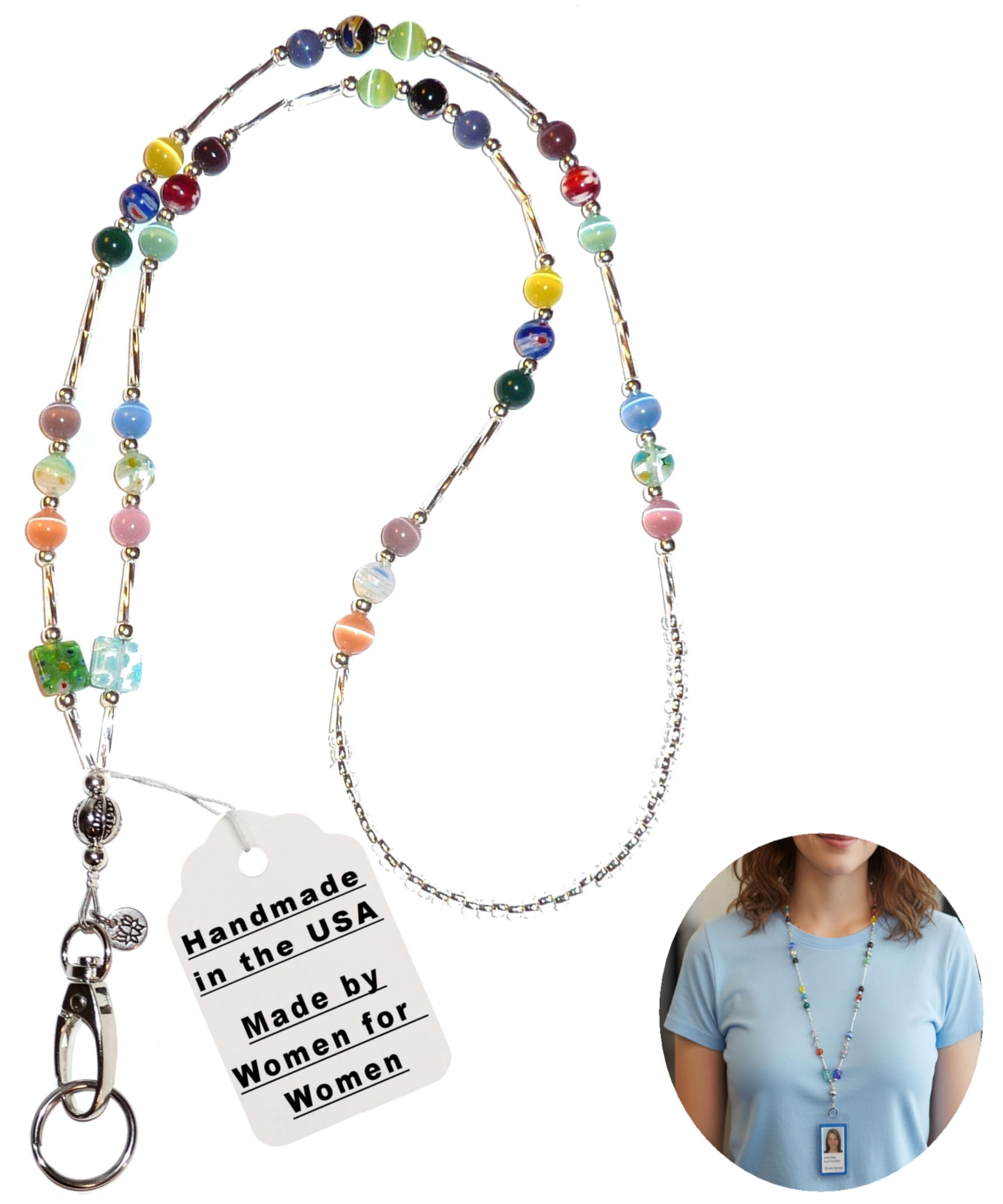 Hidden Hollow Super Slim Multi Fashion Women's Beaded Lanyard 34", Key and badge holder (Non Breakaway - Stronger)