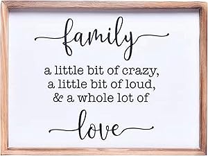 Farmhouse Decor - Modern Rustic Wall Art Home Decor - Family A Little Bit of Crazy and a Whole Lot of Love Sign - Solid Wood Framed Printed Quote for Living Room Decoration - Approx. 12x16 Inches