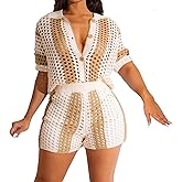 VOIKERDR Shorts Sets Women 2 Piece Outfits Crochet Hollow Out Shirt and Shorts Summer Vacation Beach Clothes