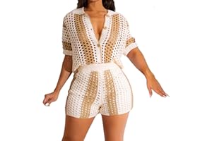 VOIKERDR Women 2 Piece Outfits Crochet Shorts Set Beach Vacation Outfits Short Sleeve Shirt and Shorts Summer Sets
