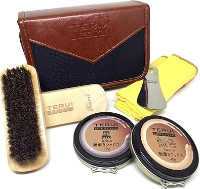 Amazon Terui Lifestyle Osaka 靴磨き セット オシャレpuレザー ケース 革靴 手入れ 初心者 7点 スターター くつ みがき ワックス 黒 茶 色 シュー ケア メンテナンス 靴 磨き Terui Lifestyle キット