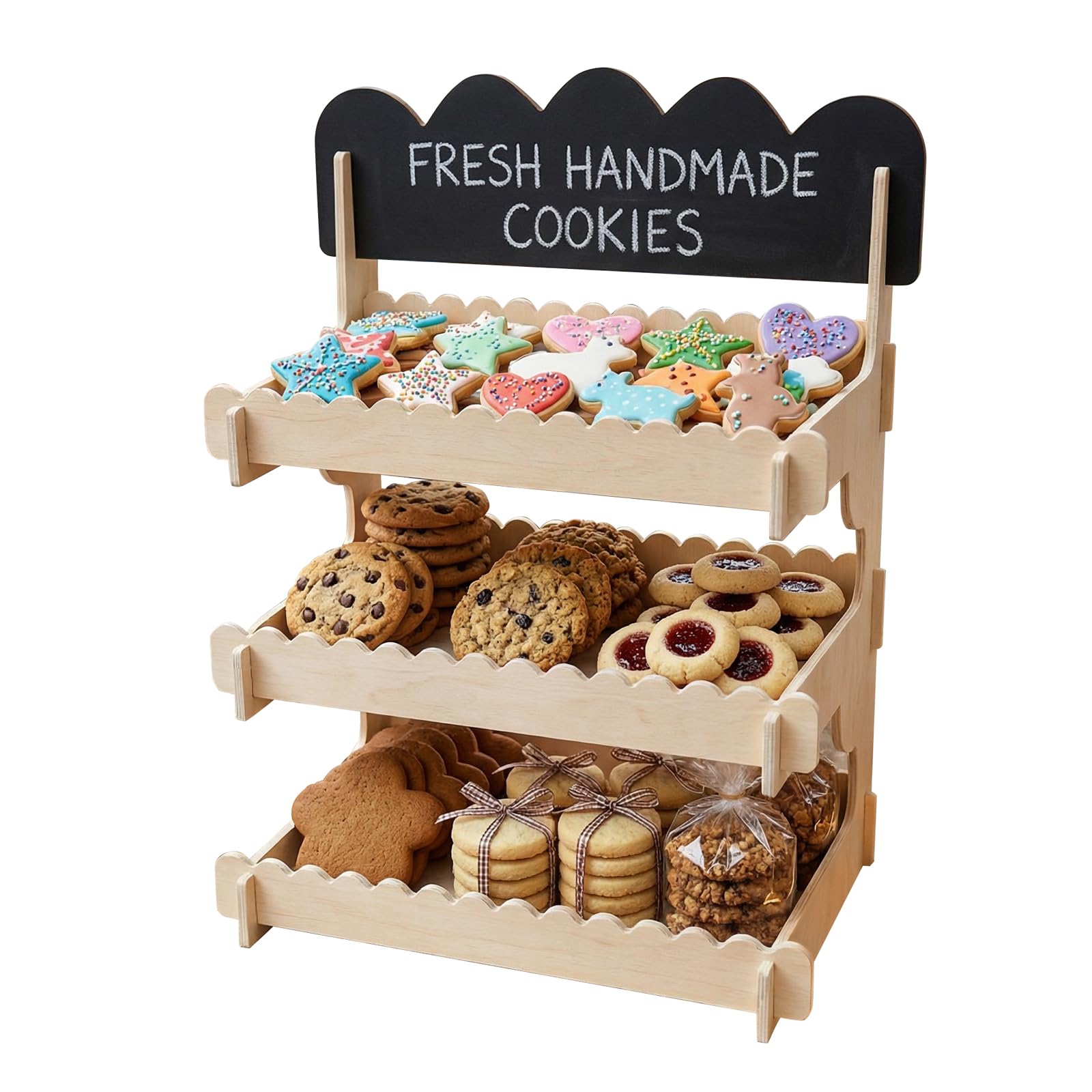 Photo 1 of ZOADLE Cookie Display Stand - Wooden Tiered Display Stand with Chalkboard Sign for Vendor Events, Craft Fairs, Bakery & Market - Baked Goods Display for Cookies, Cupcakes, Muffins & Pastries, Easy No-Tool Assembly