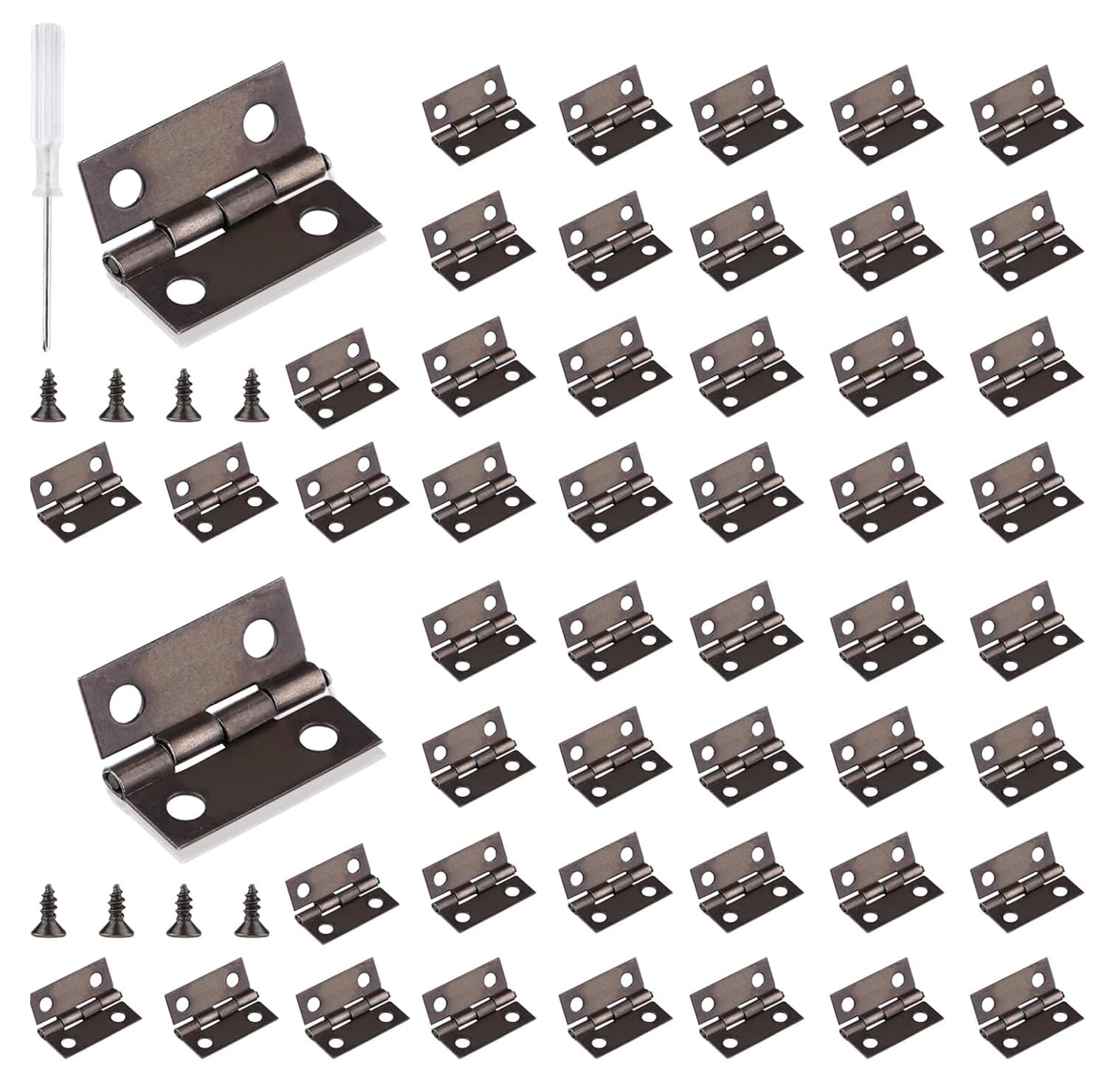 Roosea Hinge Mini Antique Pack of 60 Small Folding Hinges Metal with Screwdriver and 240 Screws for Wooden Box Jewellery Box Cabinet, 15 mm x 18 mm, Retro