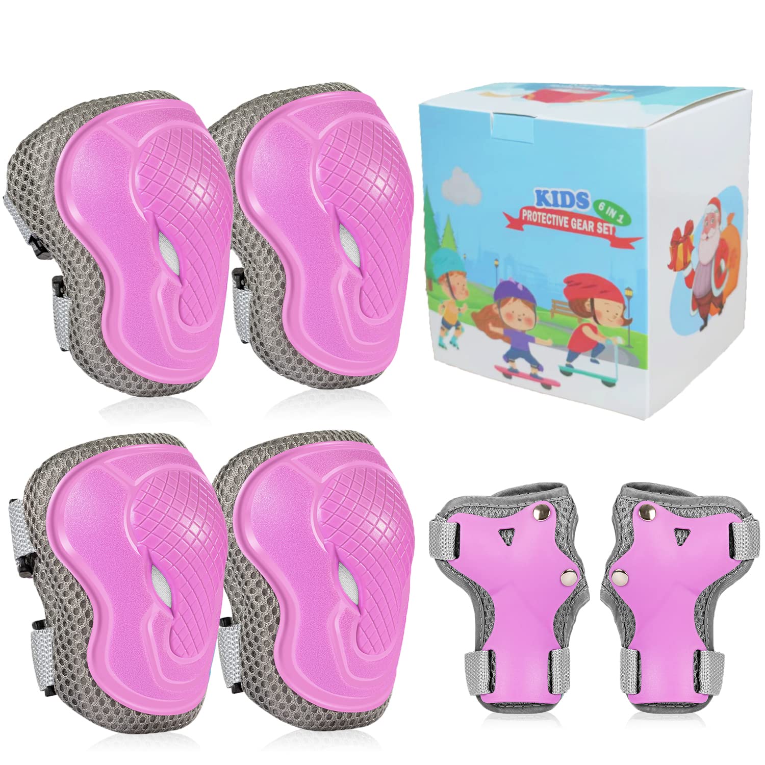 LANOVAGEAR Toddler Children Knee Elbow Pads Age 2-10,Kids Protective Gear Set 6 in 1,Children Adjustable Knee Elbow Wrist Pads for Bike Skate Skateboard Scooter Cycle Skating Roller (Purple, S)