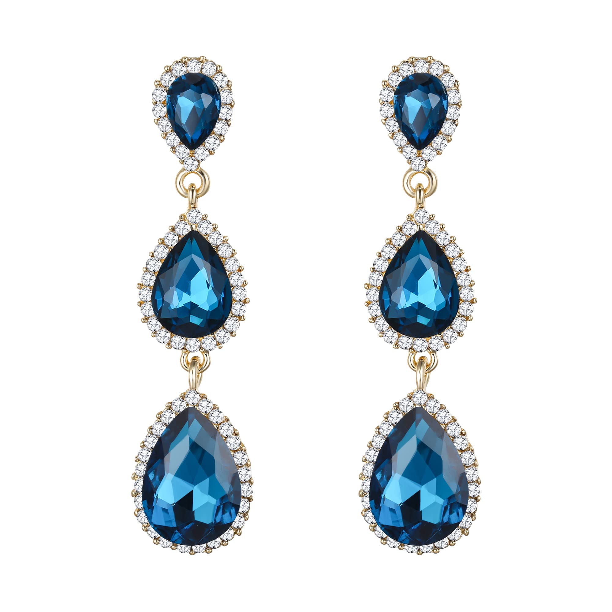 Clearine Women's Gorgeous Teardrop Crystal Long Drop Dangle Pierced Earrings for Wedding Prom Party Blue Topaz Colour Gold-Tone