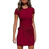 BTFBM Women 2026 Spring Casual Short Sleeve Ruched Bodycon Tank T Shirt Dress Tie Waist Sun Beach Summer Mini Dresses