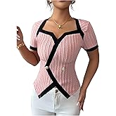 RoseSeek Women's Elegant Button Down Top Fitted Short Sleeve T Shirts Crop Tops