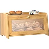 TQQDCI Bread Box for Kitchen Countertop, Vintage Wooden Counter Breadbox, Bamboo Bread Storage Container Bin for Homemade Bread, Small Farmhouse Corner Breadbox Organizer with Acrylic Window, Natural