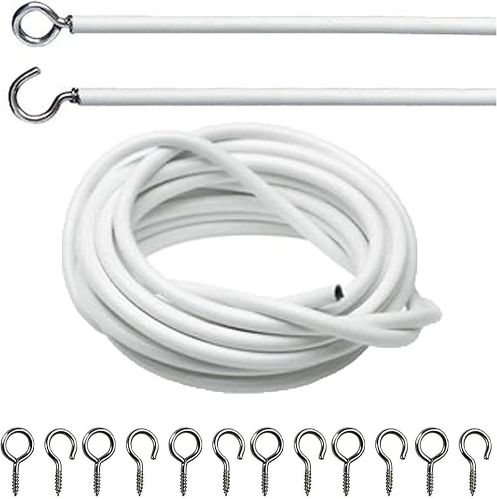 DIVCHI Net Curtain Wire Set 3m with 6 Eyes & 6 Hooks White Premium Wire