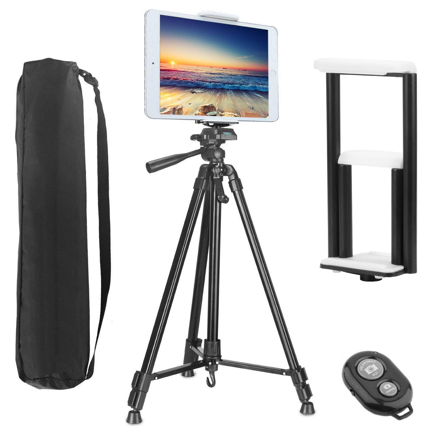PEYOU Compatible for iPad iPhone Tripod, 62 inch Lightweight Aluminum Phone Camera Tablet Video Tripod + Wireless Remote + 2 in 1 Mount Holder for Smartphone (Width 2-3.3),Tablet (Width 4.3-7.2)