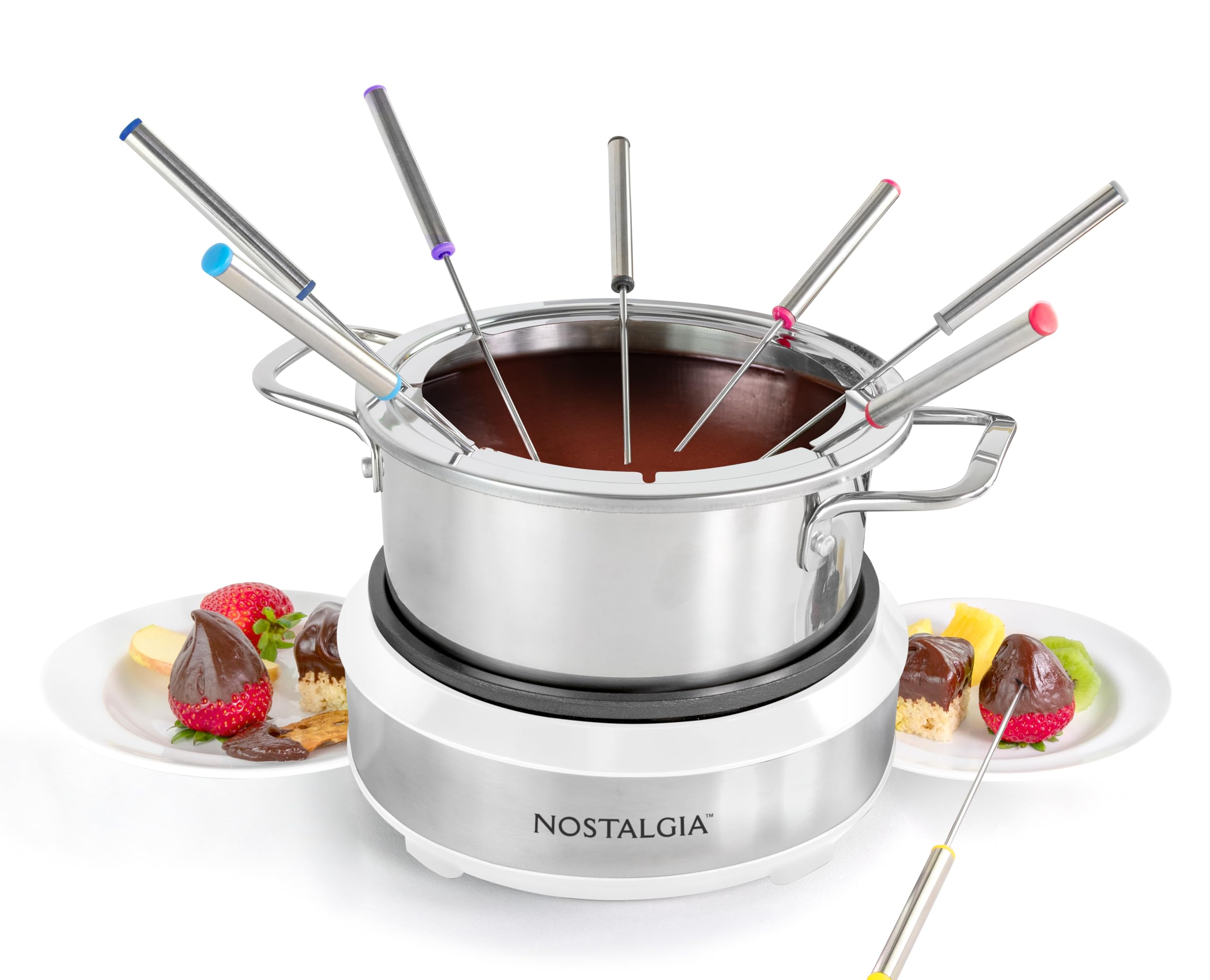 Nostalgia 8-Cup Electric Fondue Pot Set for Cheese & Chocolate - 8 Color-Coded Forks, Temperature Control - Kitchen Gadgets and Appliances for Hors d'Oeuvres and More - White Image