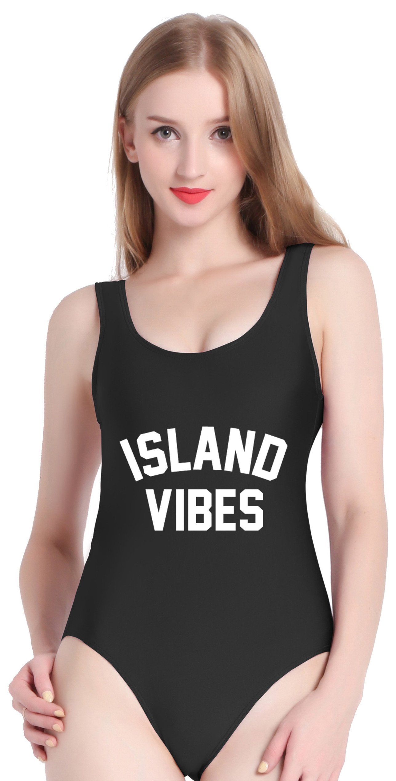 PINJIA Sexy Cute One Piece Swimsuit With High Cut and Low Back Monokini Bikini For Women(MX03) (S, Black Island Vibes)