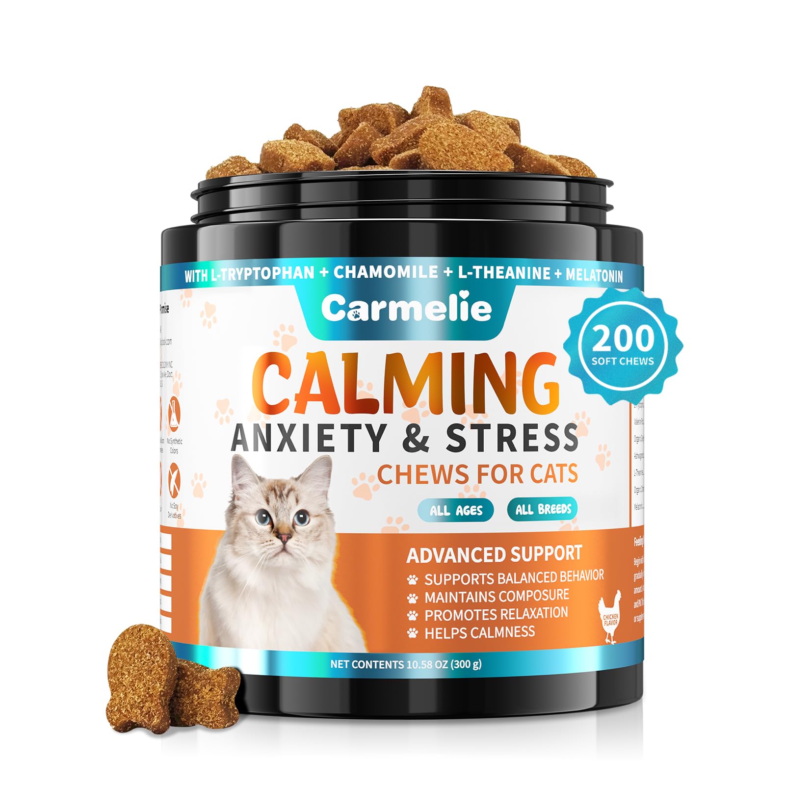 Carmelie Calming Treats for Cat- 200 Count Calming Cat Treats - Natural Cat Calming Support for Anxiety, Stress Relief - Chamomile, Valerian Root, L-Tryptophan - Chicken Flavor
