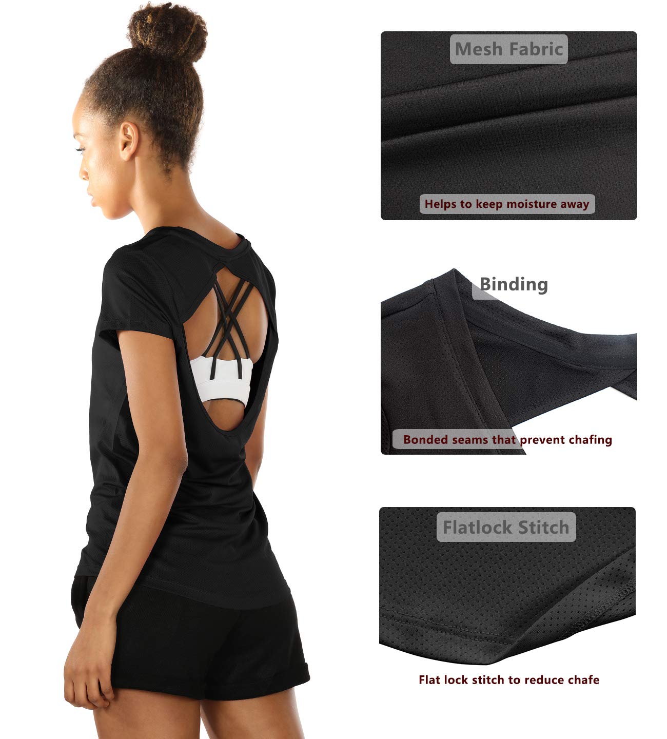 icyZone Activewear Fitness Yoga Tops Workout V Neck Open Back T-Shirts for Women (S, Black)