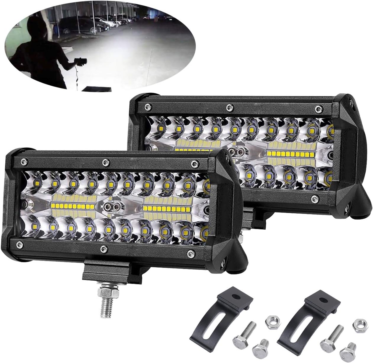 7 Inch 2pcs LED Light Bar 240W Spot Flood Combo Sammanlight 6000K Offroad Pods Fog Lights Waterproof Driving Work Light for Truck UTV ATV Jeep Motorcycle Boat Marine, 1 Year Warranty