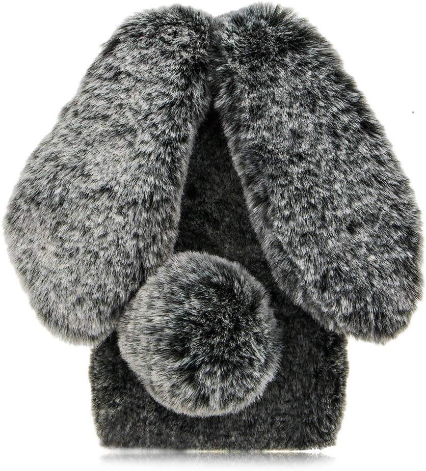 King phone Plush Rabbit Cover for Nokia X6/ Nokia 6.1 Plus Fluffy Rabbit Case Fashion Cute Case Bunny Ears Cover Super Soft Warm Furry Rabbit Shockproof Back Shell, Dark Grey