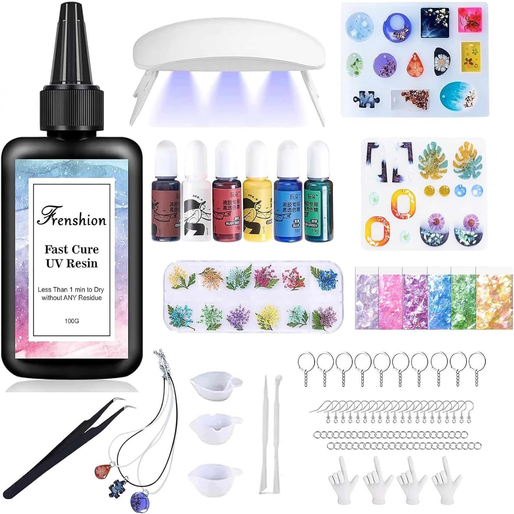 UV Resin Kit with Lamp,106Pcs Jewelry Making Kit with 100g Fast Cure Clear Hard Low Odor UV Resin, Color Pigment, Accessories Starter Kit for Jewelry Making