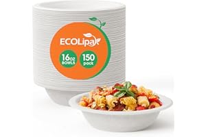 ECOLipak 150 Pack Paper Bowls Disposable 16oz Compostable Bowls, Heavy-duty Biodegradable Bowls, Eco-Friendly Sugarcane Bagasse Bowls Great for Soup, Salad, Milk Cereals…