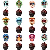 24 Pcs Day of The Dead Cupcake Toppers Decorations Dia De Los Muertos Cupcake Picks Skeleton Sugar Skull Mexican Fiesta Cake Topper for Halloween Party Supplies