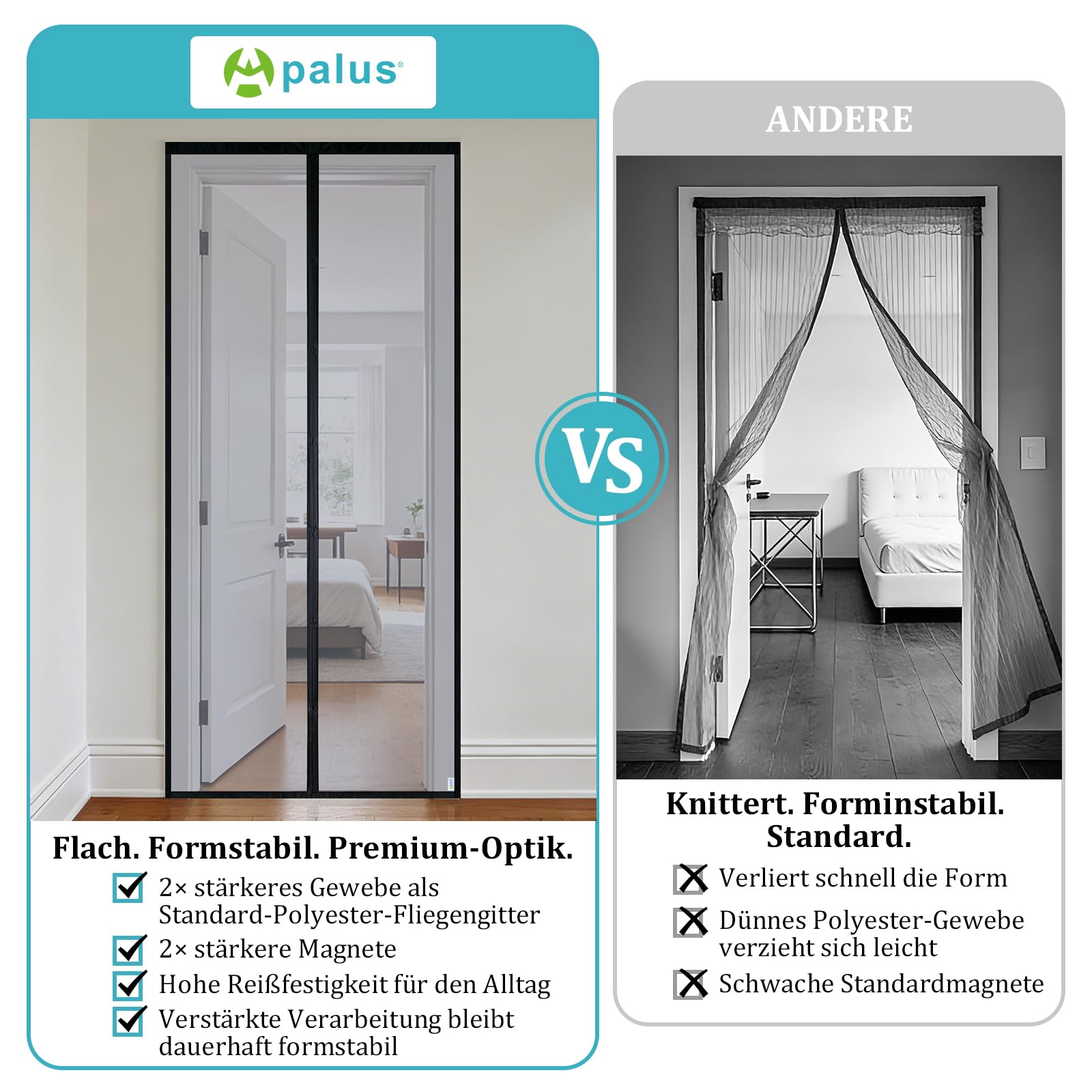 Apalus VP Fliegengitter Tür, Magnet Insektenschutz Balkontür 90x210 cm, 2 x Langlebiger als der Apalus Klassiker, Katzenkrallen Sicher, Stärkere Magneten, 3.8 cm Breites Klettband, Nicht Kürzbar 5