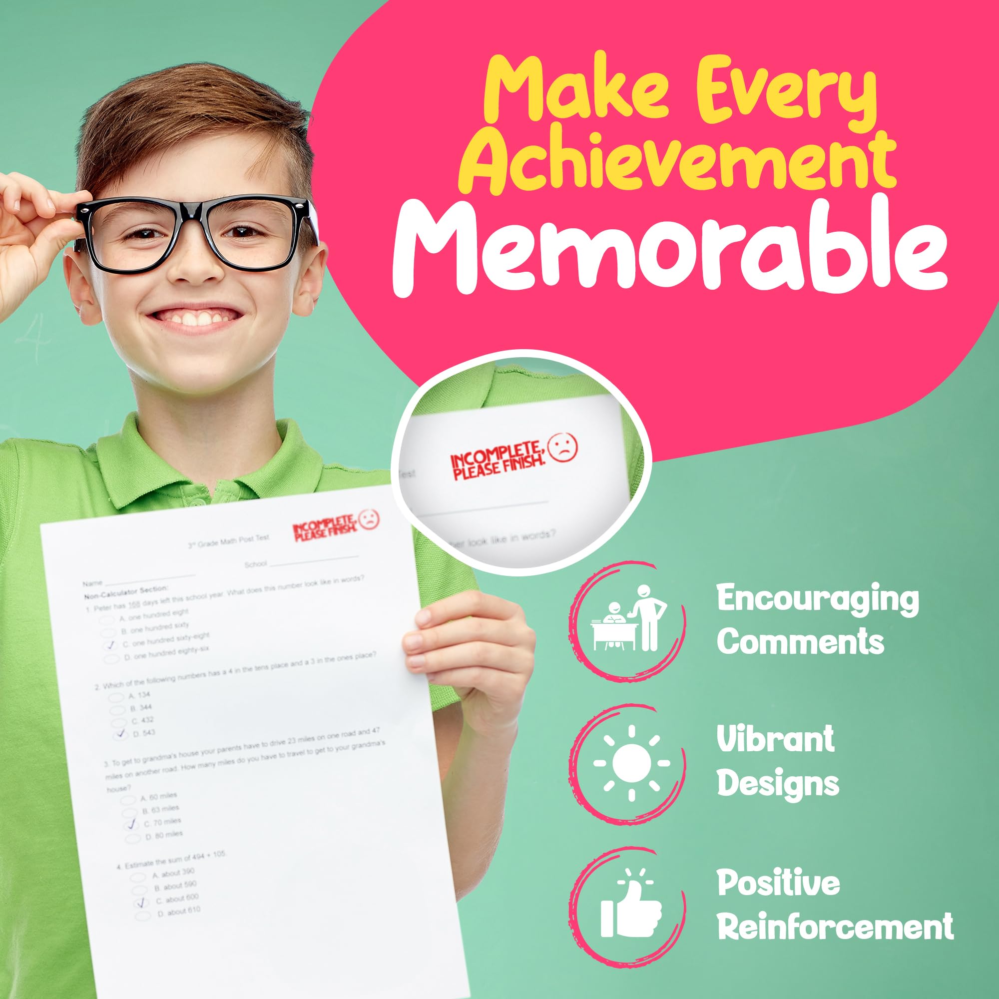 Promot Teacher Stamp - Self Inking Teacher Stamps for Kids, Classroom, or Homeschool Use - Encouraging “Incomplete Please Finish” Feedback Tool for Teachers, Grading Stamps for Teachers & Rewards