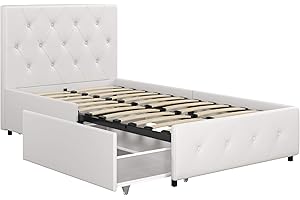 DHP Dakota Upholstered Platform Bed with Underbed Storage Drawers and Diamond Button Tufted Headboard and Footboard, No Box Spring Needed, Twin, White Faux Leather