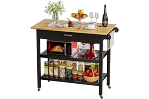 HiDSLiving Kitchen Island 42" Rolling Kitchen Island Cart On Wheels with Drawer Towl Rack 3 Tiers Rolling Utility Cart with Solid Wood Top Serving Trolley for Dining Room Black