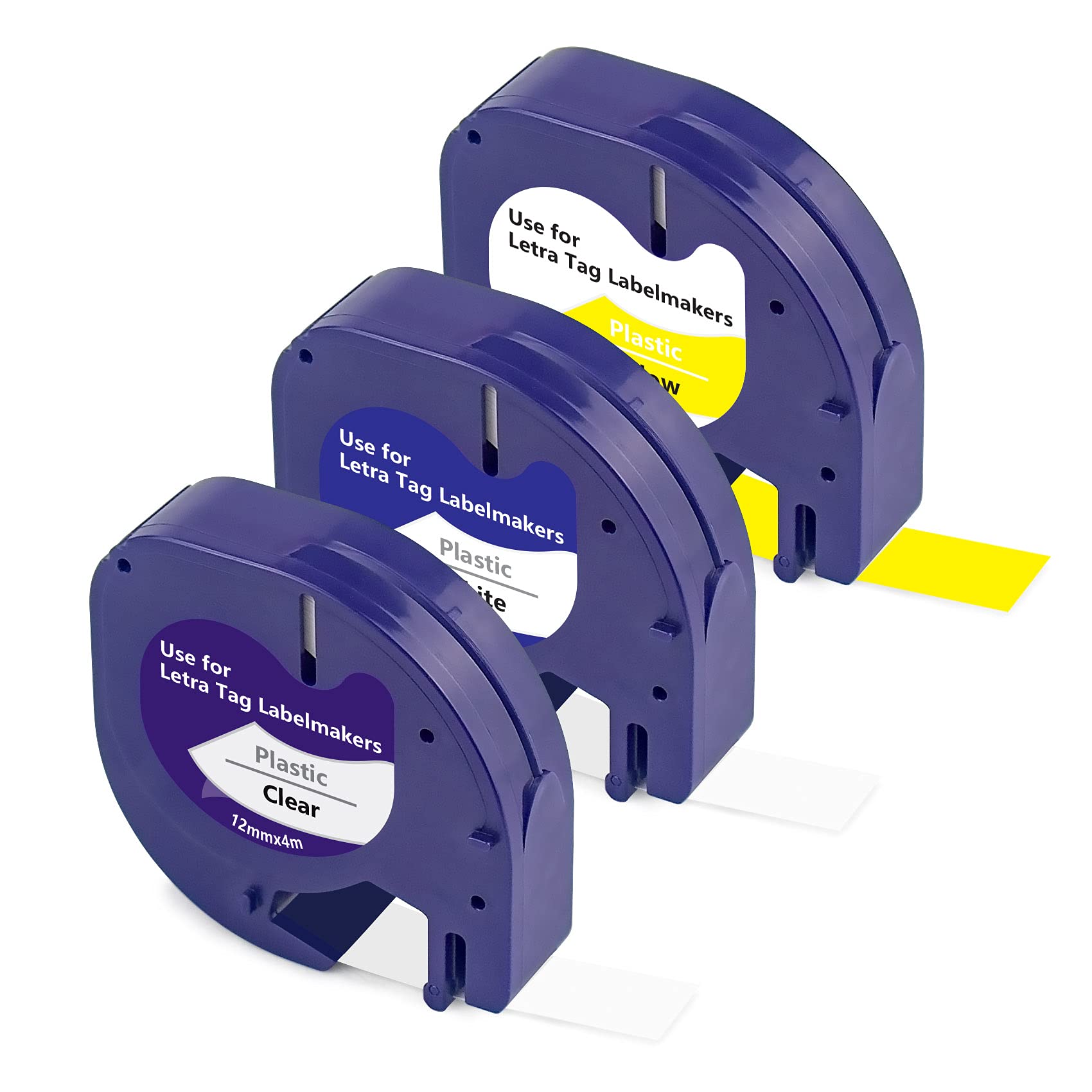 3X Replacement for Dymo Letratag Refills Tape Plastic 12mm, Compatible with Dymo Label Tape for LT-100H LT-100T LT-110T 200B XR XM QX50, 12267 91201 91202 Black on Yellow/White/Clear