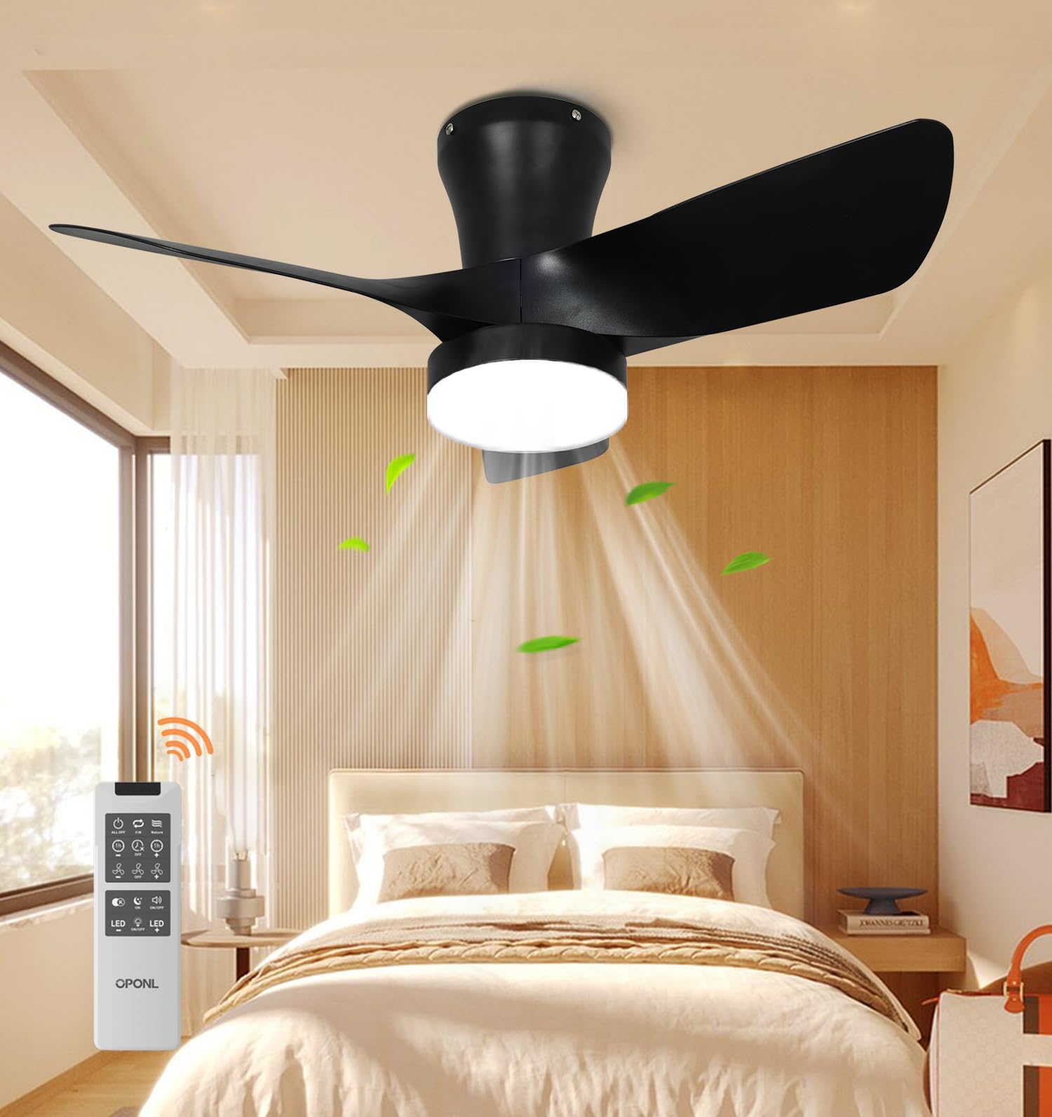 OPONL Black Ceiling Fan with Light 30inch, Large