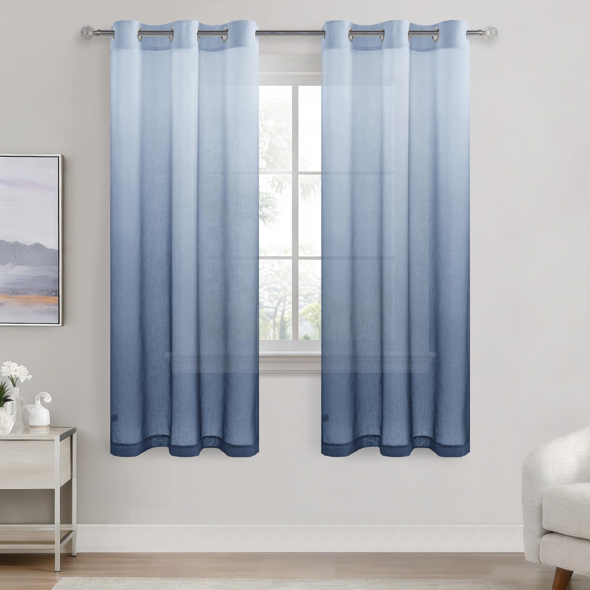 DWCN Voile Curtain Blue Gradient Curtains for Living Room Eyelet Net Curtains for Windows Sheer Curtains for Bedroom Set of 2, 46 x 72 Inches