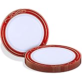 Silver Spoons Bella Collection White with Red Rim Round Plastic Desset Plates - 7.5" (Pack of 10) - Perfect for Parties, Holidays & Special Occasions
