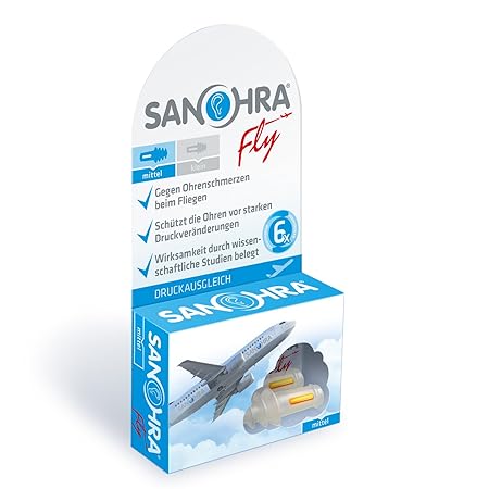SANOHRA fly für Erwachsene, Ohrstöpsel mit patentiertem Filter gegen Ohrenschmerzen beim Fliegen