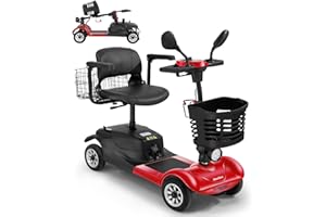 WheelWavi 4 Wheel Compact Mobility Scooter,Foldable Electric Scooter for Seniors and Adults, Heavy Duty Travel Model with Lights, Basket, and Long-Lasting Battery (Ruby Red)