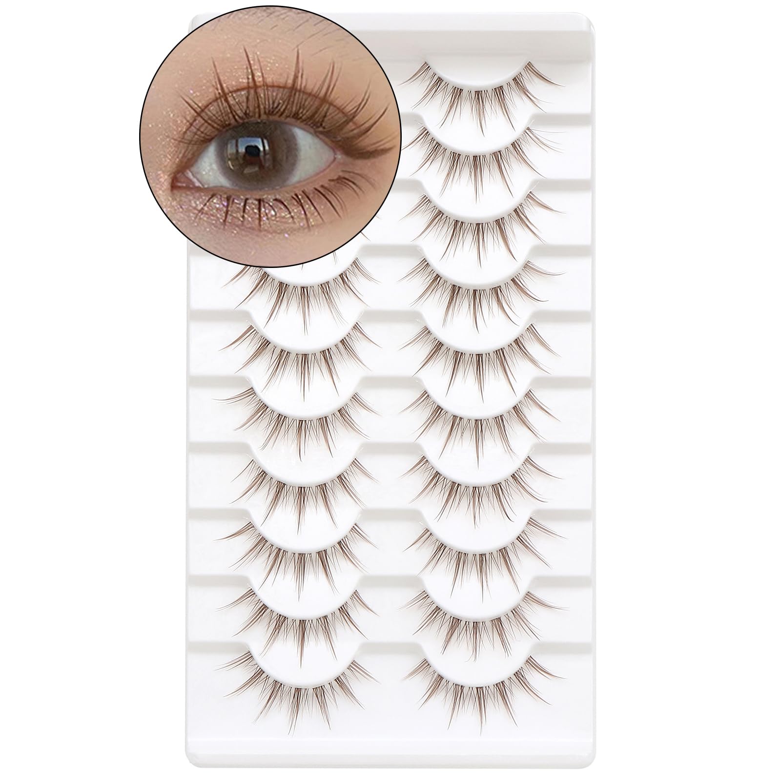 A01 Brown Manga Lashes - 10 Pairs, Clear Band, 8-13mm, Natural Look, Individual Clusters