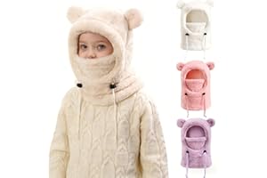 Kids Balaclava Face with Bear Ears Adjustable Winter Fleece Ski Hat Windproof Warm Neck Beanie for Girls