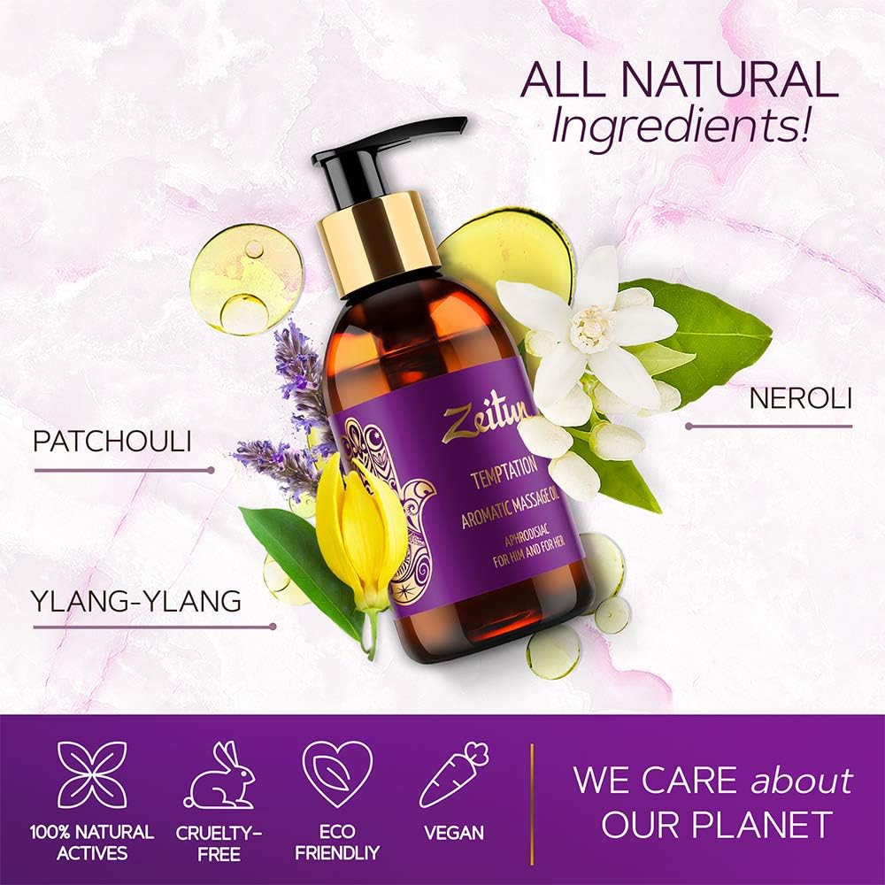 Sensual Massage Oil - Temptation - Natural Aphrodisiac Massage Oils for Couples - Aromatherapy Essential Body Oil with Ylang-Ylang, Neroli, Patchouli, Rose & Vitamin E | Spa & Skin Therapy, 3.4 fl Oz: Health & Personal Care
